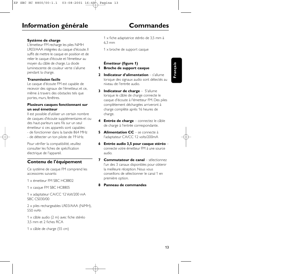 Information générale commandes | Philips HC8800 User Manual | Page 13 / 133