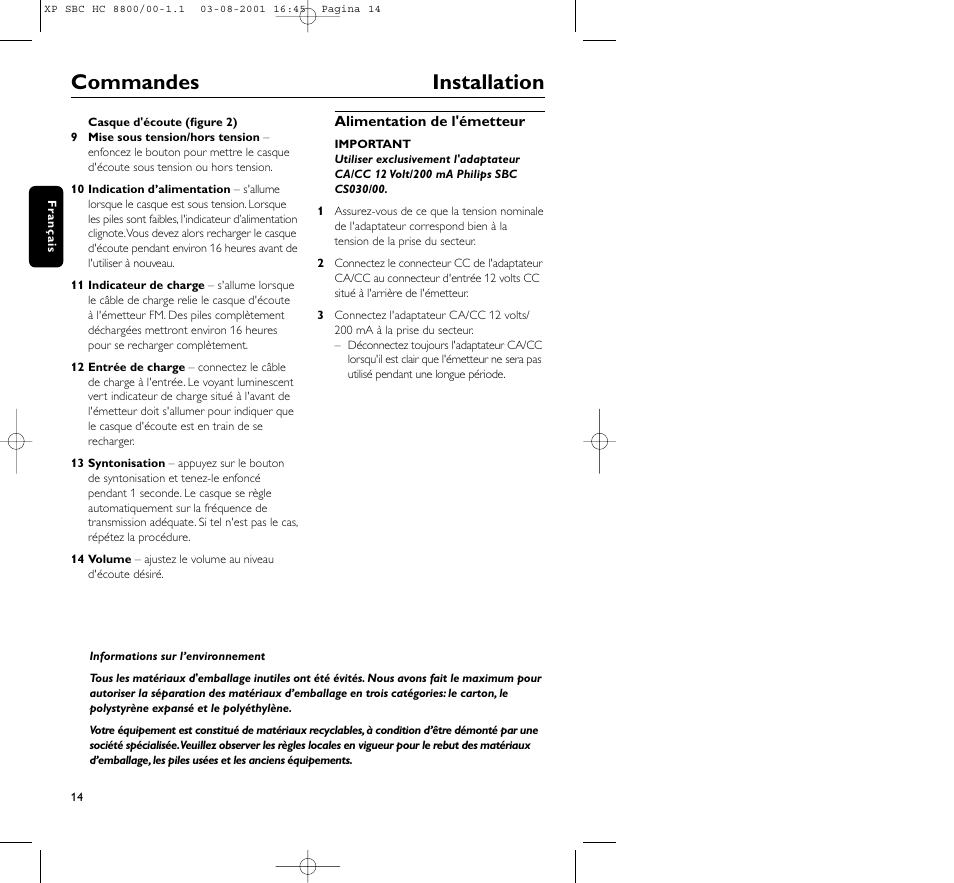 Commandes installation | Philips HC8800 User Manual | Page 14 / 133