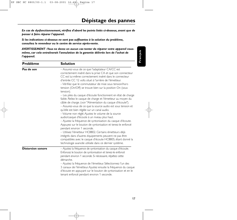 Dépistage des pannes | Philips HC8800 User Manual | Page 17 / 133