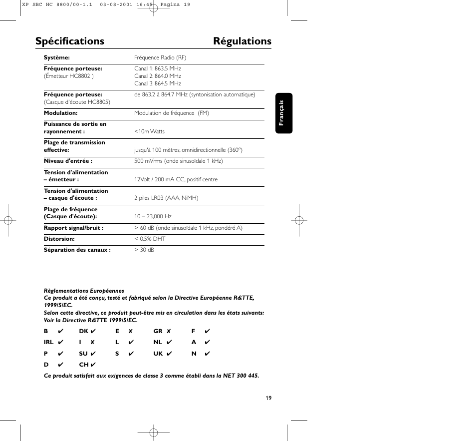 Spécifications régulations | Philips HC8800 User Manual | Page 19 / 133