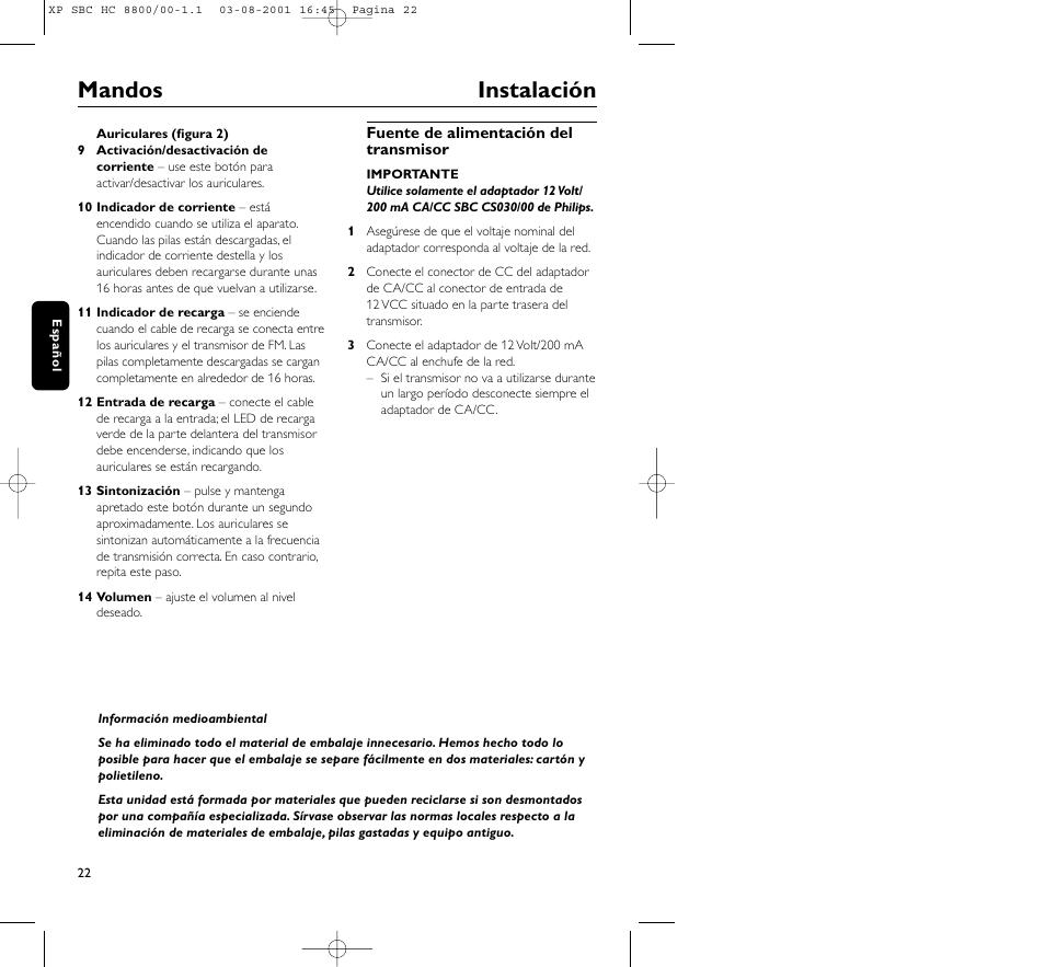 Mandos instalación | Philips HC8800 User Manual | Page 22 / 133