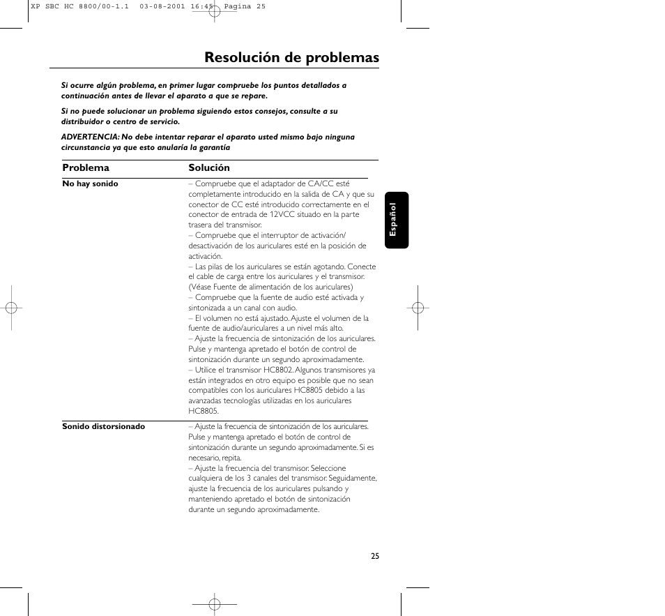 Resolución de problemas | Philips HC8800 User Manual | Page 25 / 133