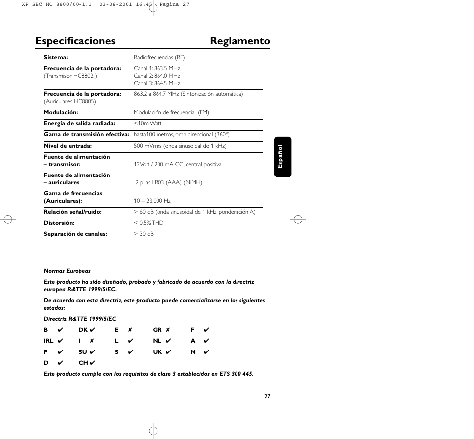 Especificaciones reglamento | Philips HC8800 User Manual | Page 27 / 133