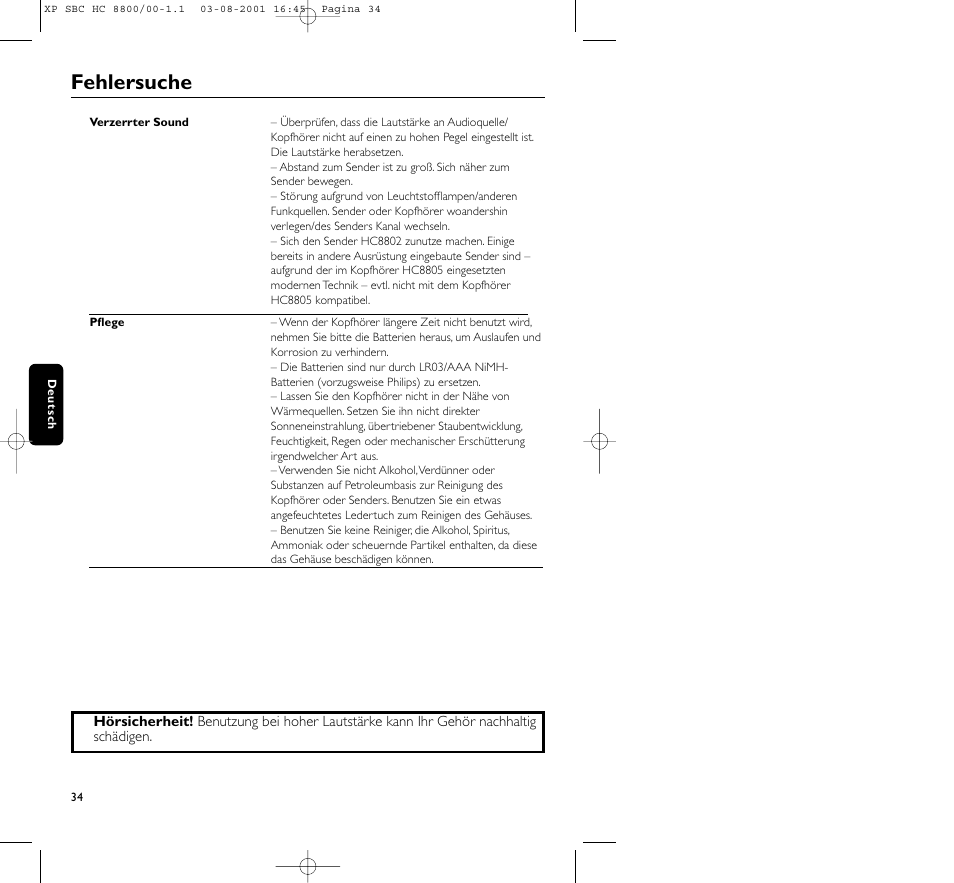 Fehlersuche | Philips HC8800 User Manual | Page 34 / 133