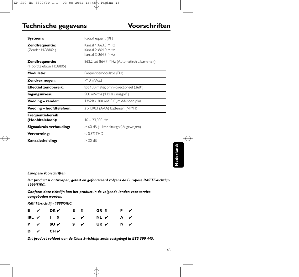 Technische gegevens voorschriften | Philips HC8800 User Manual | Page 43 / 133