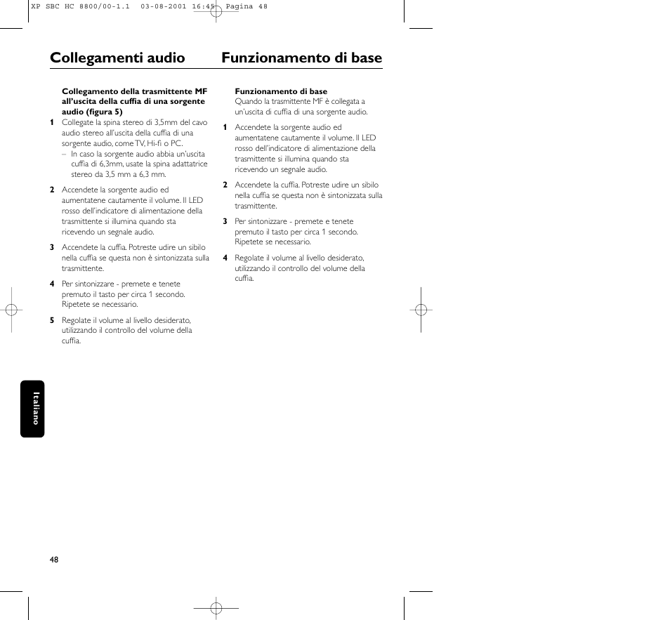 Collegamenti audio funzionamento di base | Philips HC8800 User Manual | Page 48 / 133