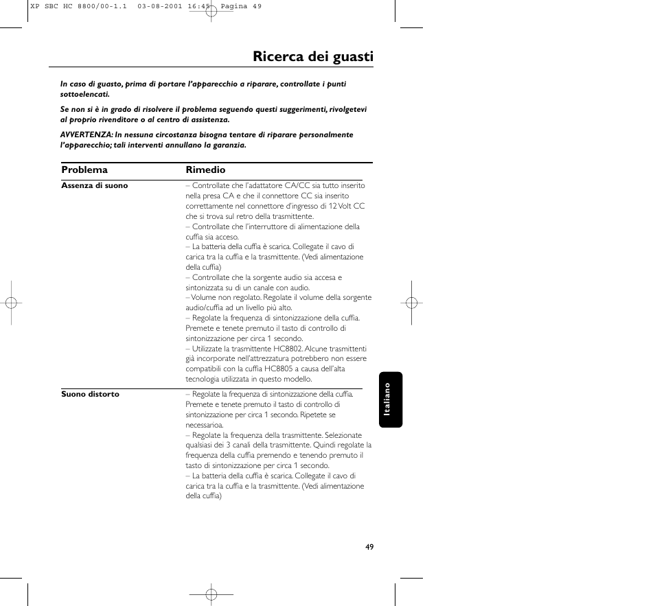 Ricerca dei guasti | Philips HC8800 User Manual | Page 49 / 133