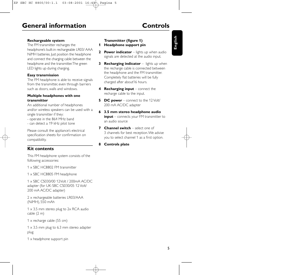 General information controls | Philips HC8800 User Manual | Page 5 / 133