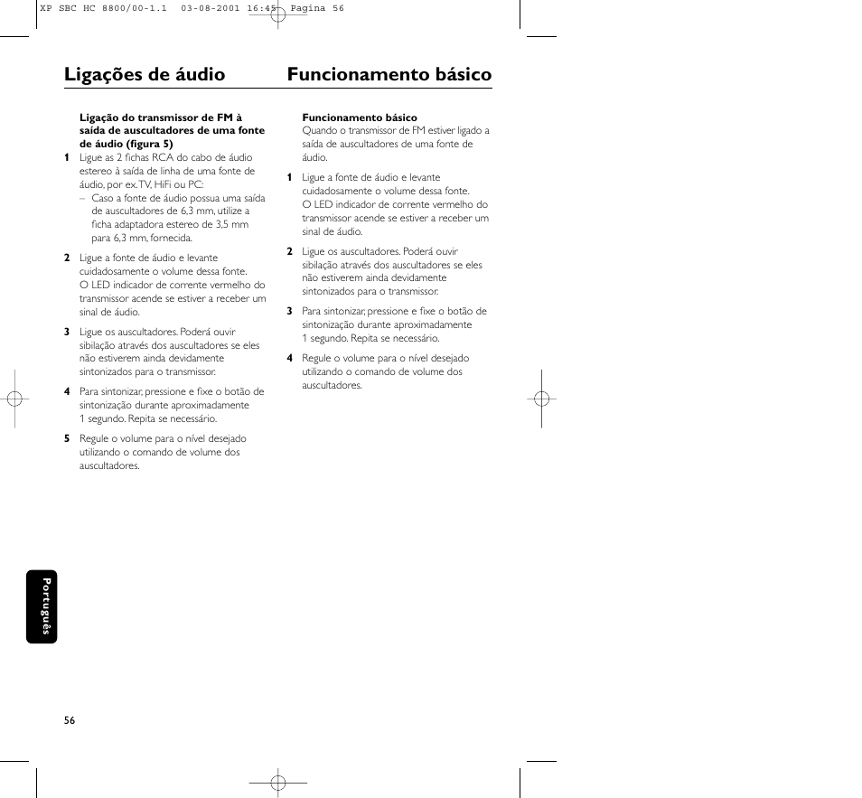 Ligações de áudio funcionamento básico | Philips HC8800 User Manual | Page 56 / 133