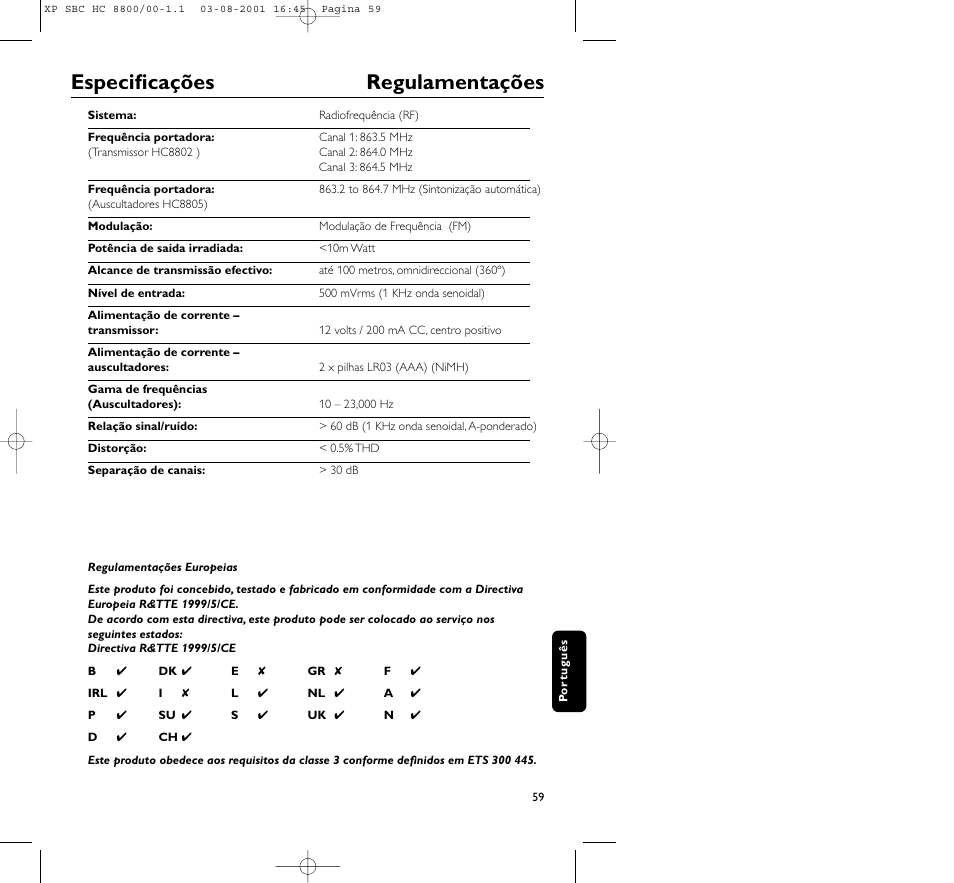 Especificações regulamentações | Philips HC8800 User Manual | Page 59 / 133