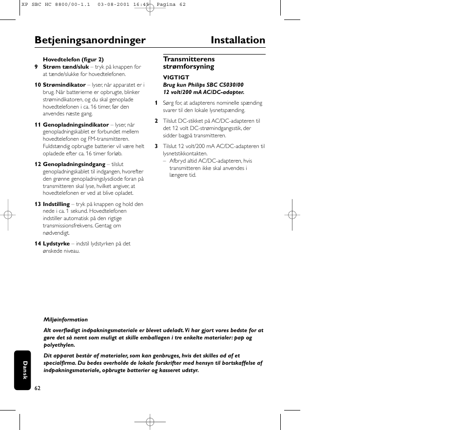 Betjeningsanordninger installation | Philips HC8800 User Manual | Page 62 / 133