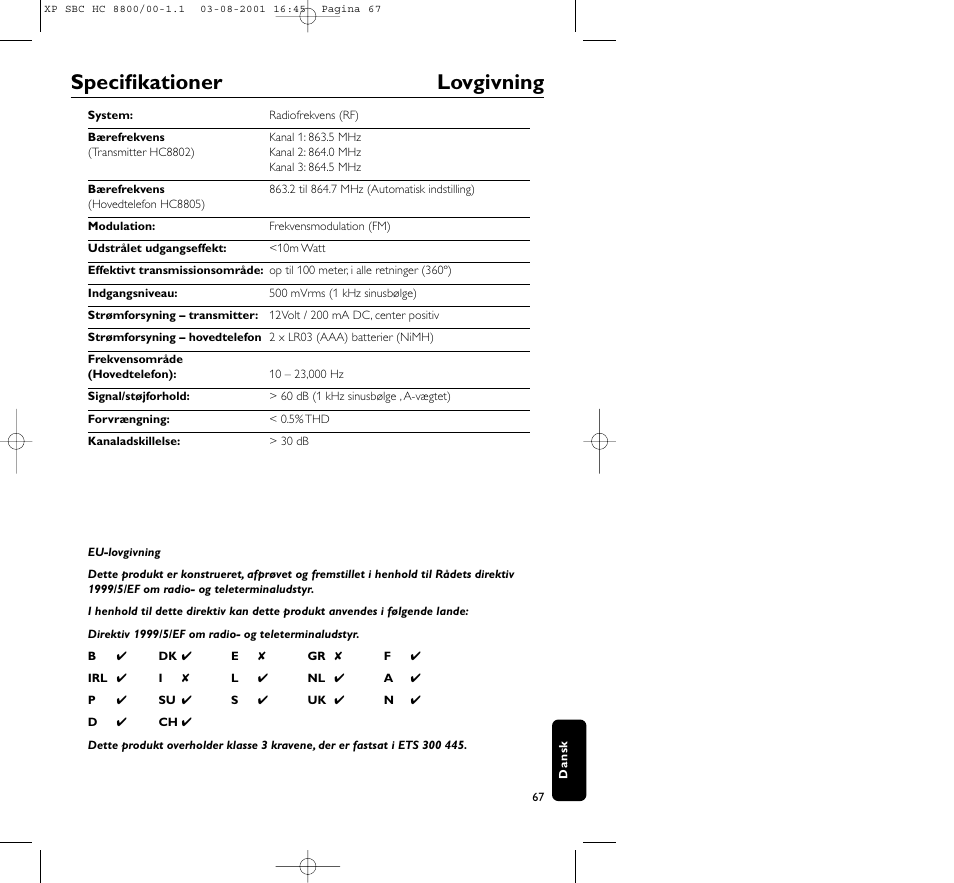 Specifikationer lovgivning | Philips HC8800 User Manual | Page 67 / 133