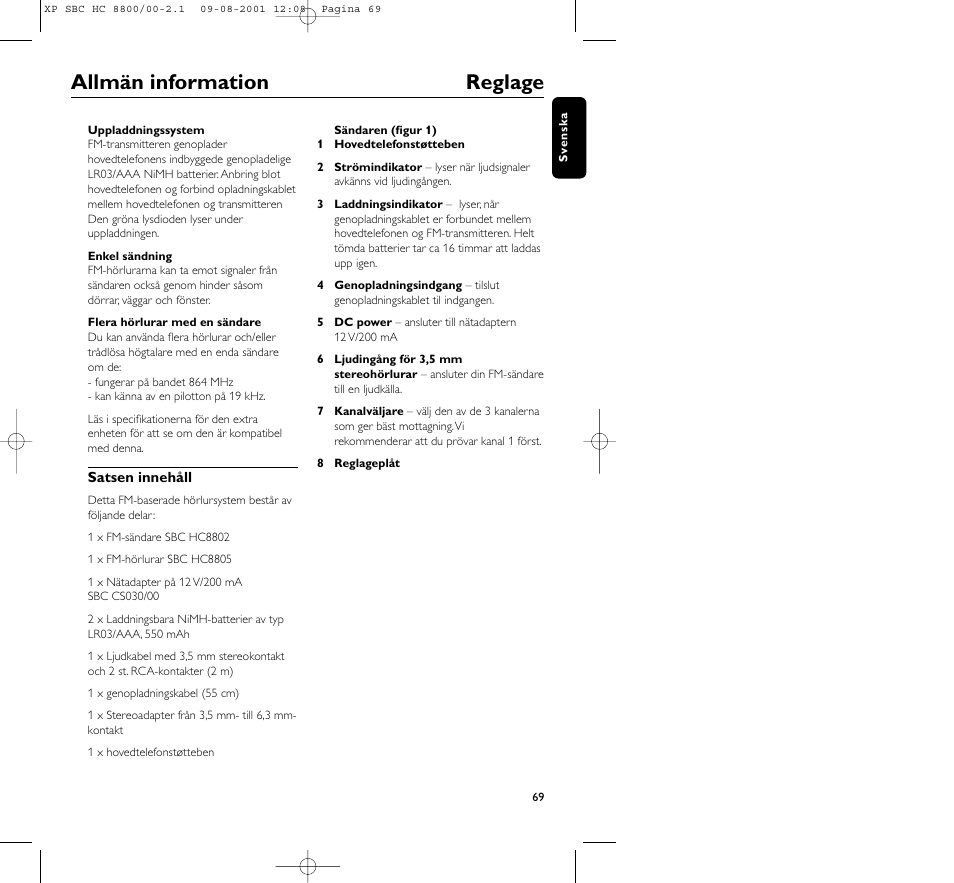 Allmän information reglage | Philips HC8800 User Manual | Page 69 / 133