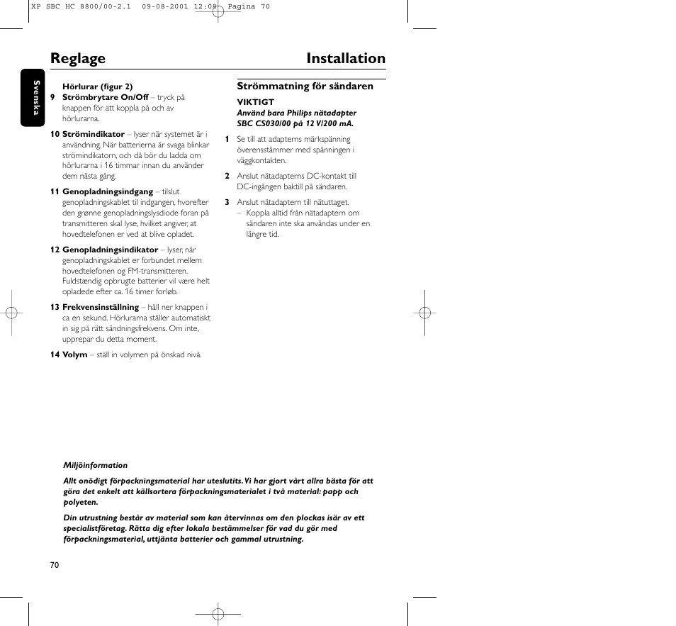 Reglage installation | Philips HC8800 User Manual | Page 70 / 133