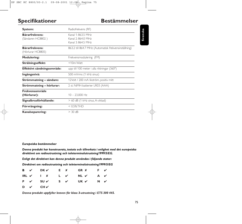 Specifikationer bestämmelser | Philips HC8800 User Manual | Page 75 / 133