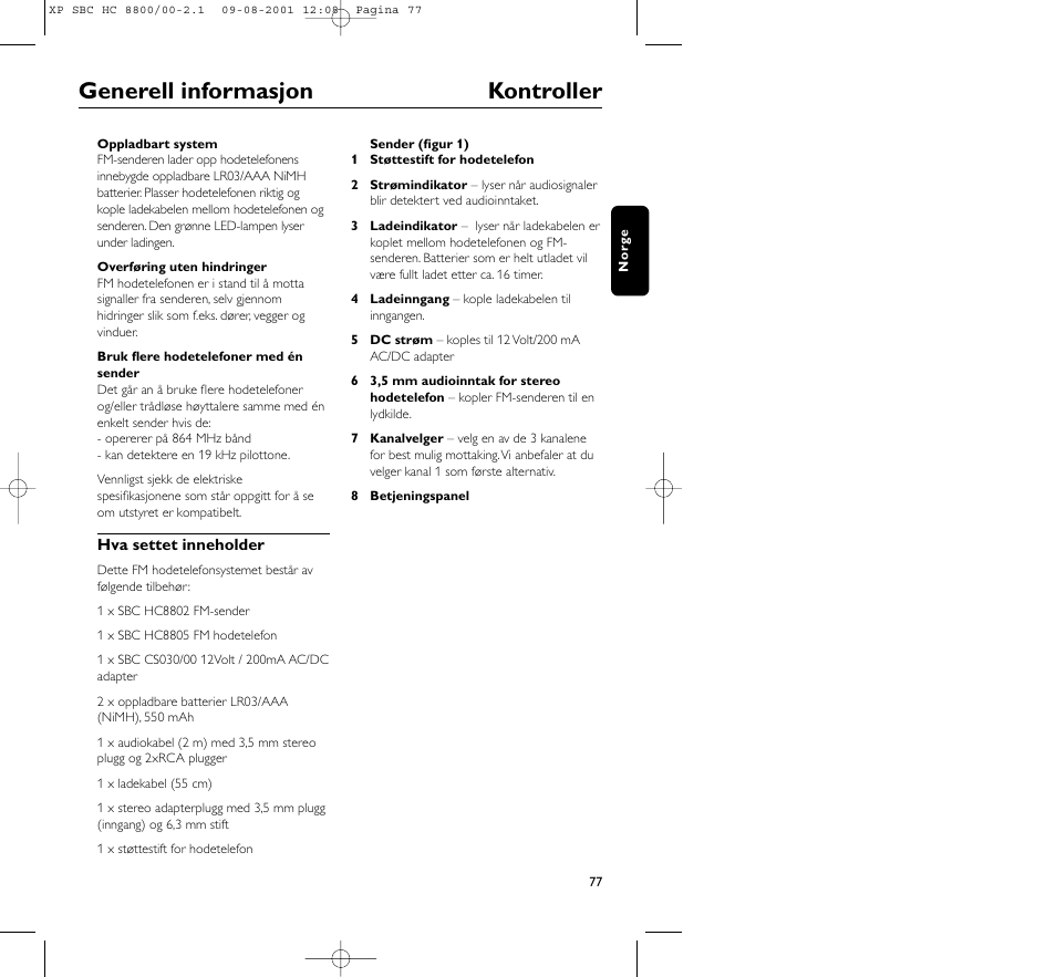 Generell informasjon kontroller | Philips HC8800 User Manual | Page 77 / 133