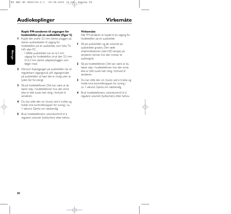 Audiokoplinger virkemåte | Philips HC8800 User Manual | Page 80 / 133