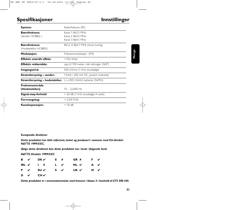 Spesifikasjoner innstillinger | Philips HC8800 User Manual | Page 83 / 133