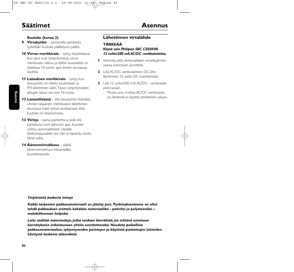 Säätimet asennus | Philips HC8800 User Manual | Page 86 / 133