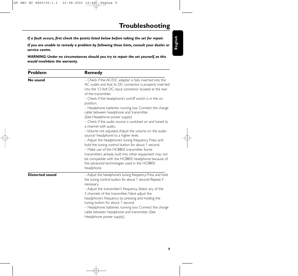 Troubleshooting | Philips HC8800 User Manual | Page 9 / 133