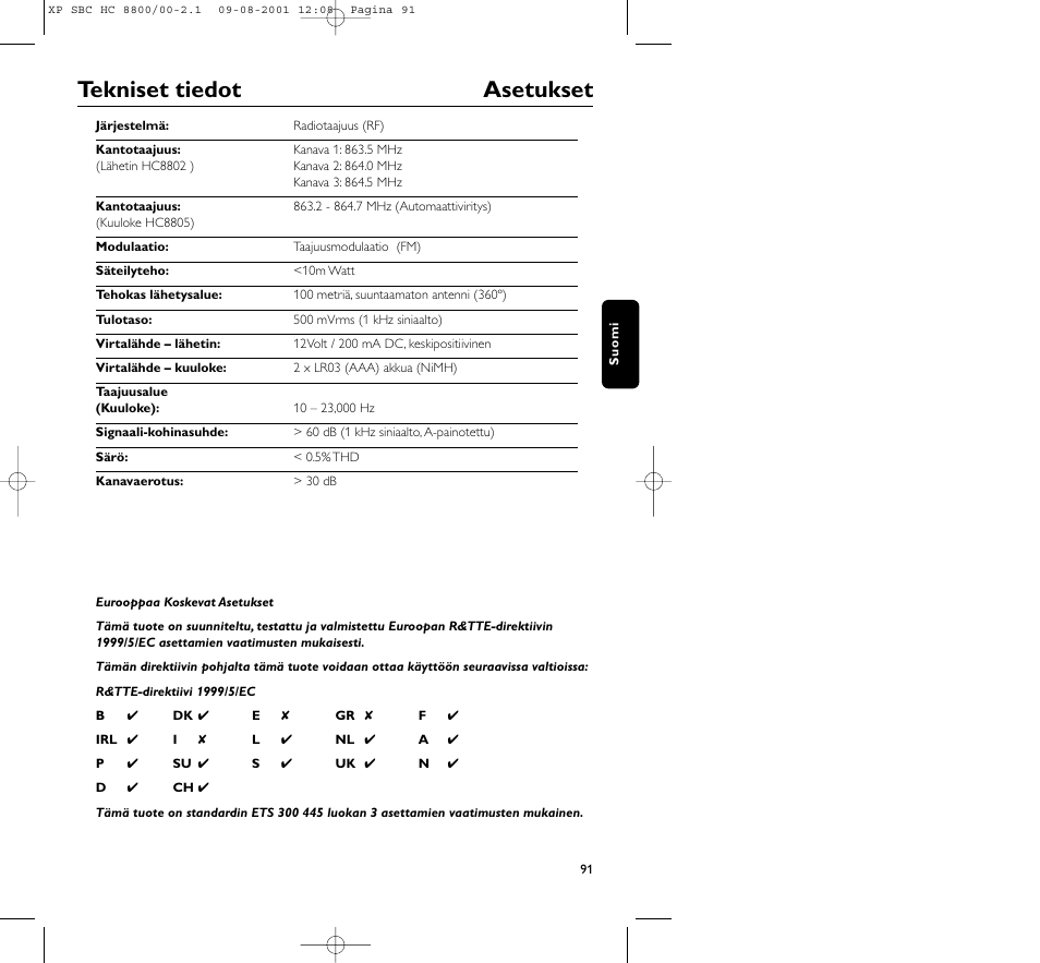 Tekniset tiedot asetukset | Philips HC8800 User Manual | Page 91 / 133