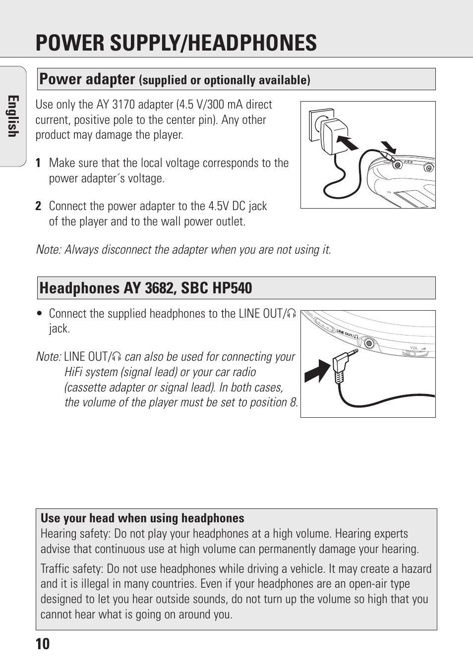 Power supply/headphones, Power adapter, English | Supplied or optionally available) | Philips AZ9143 User Manual | Page 10 / 70