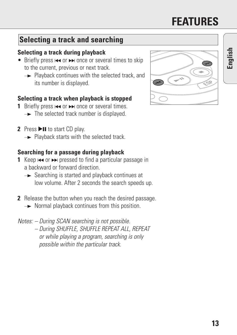 Features, Selecting a track and searching, English | Philips AZ9143 User Manual | Page 13 / 70