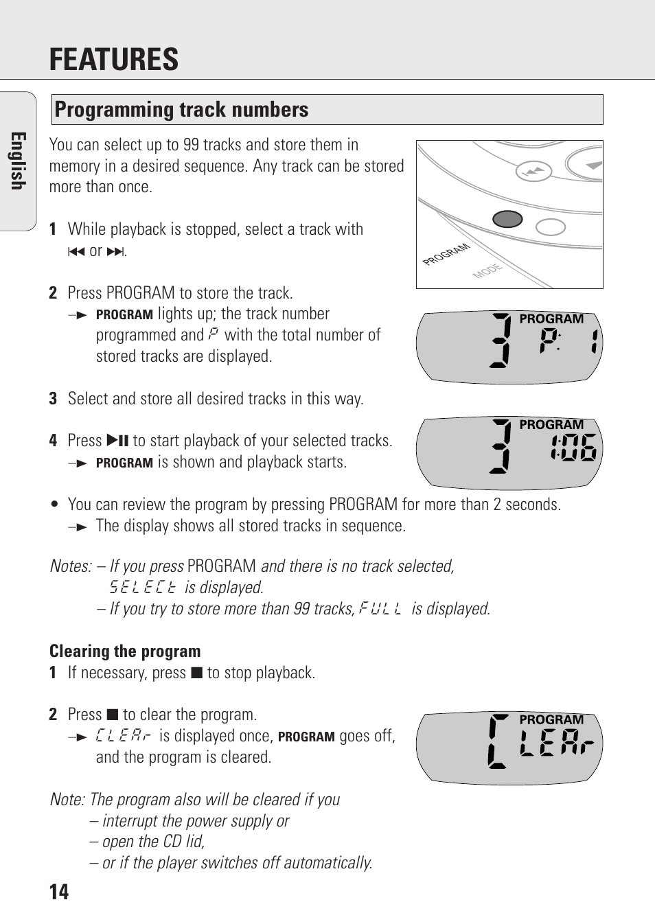 Features, Programming track numbers, English | Philips AZ9143 User Manual | Page 14 / 70