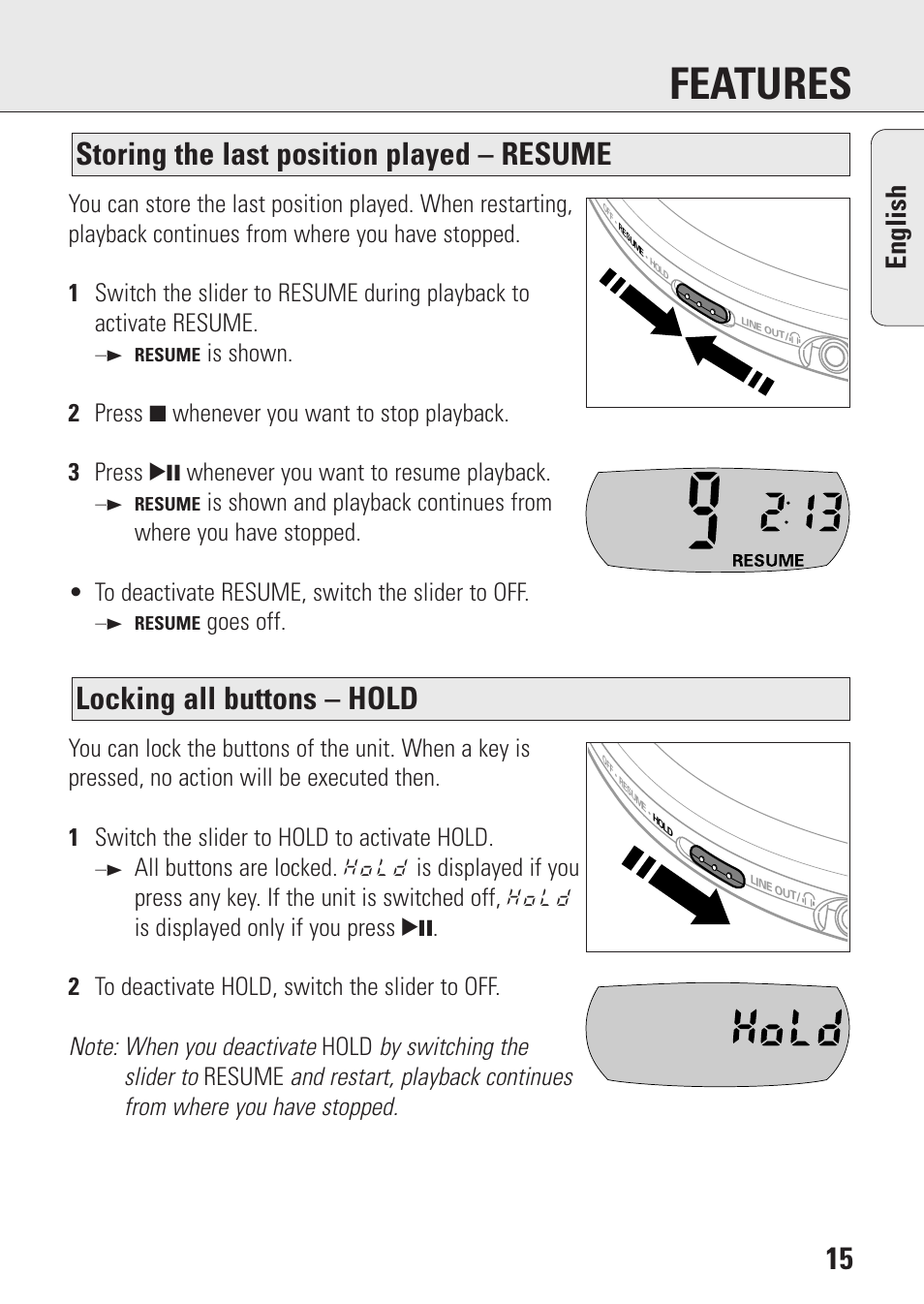 Features, Locking all buttons – hold, Storing the last position played – resume | English | Philips AZ9143 User Manual | Page 15 / 70