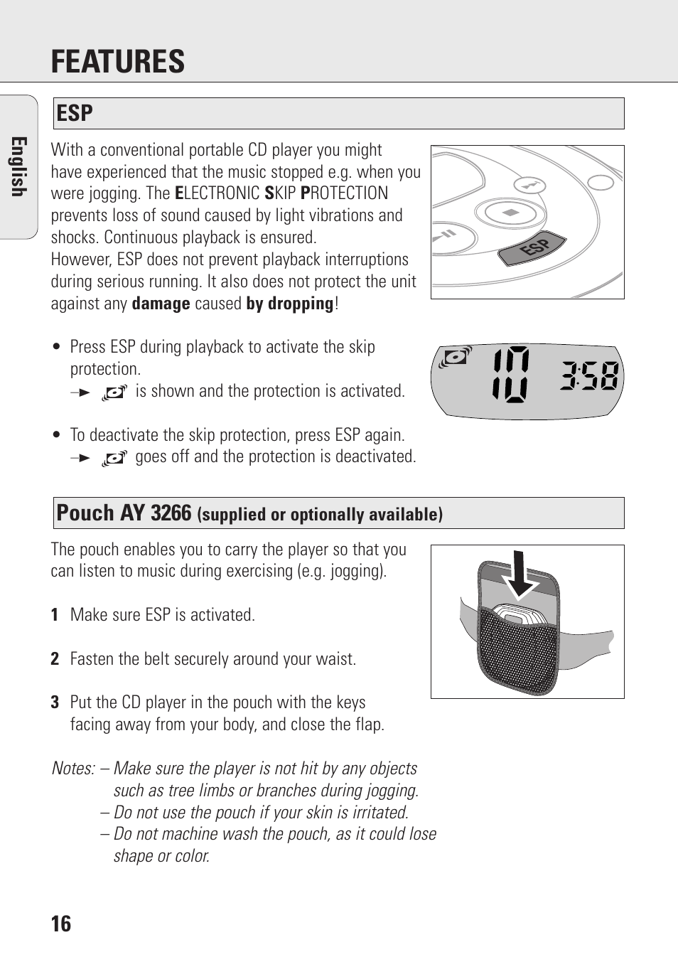 Features, Pouch ay 3266 | Philips AZ9143 User Manual | Page 16 / 70