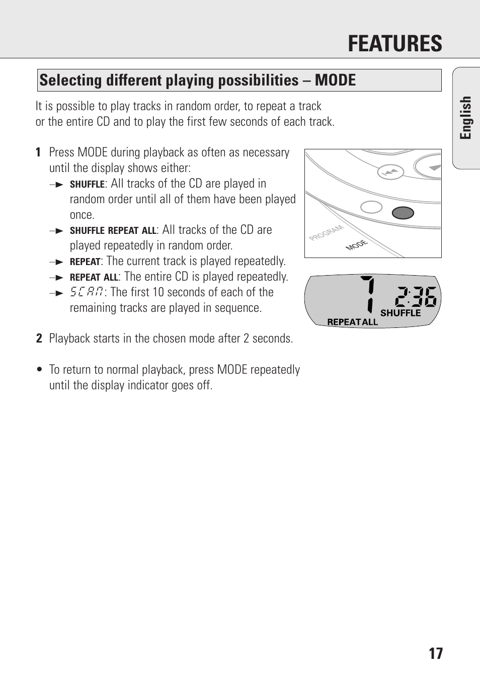 Features, Selecting different playing possibilities – mode, English | Philips AZ9143 User Manual | Page 17 / 70