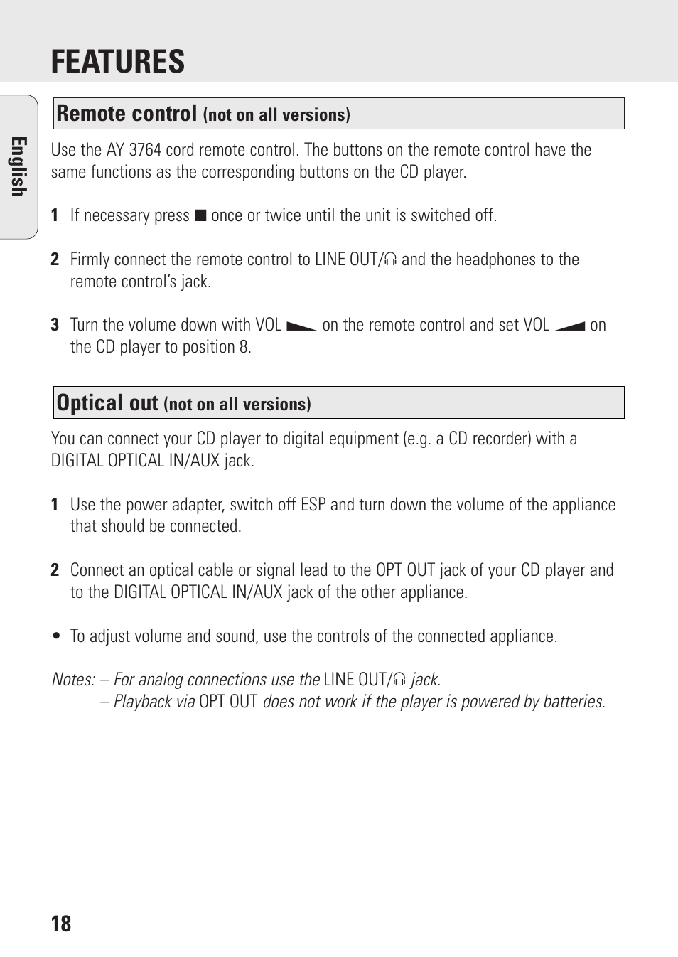 Features, Optical out, Remote control | Philips AZ9143 User Manual | Page 18 / 70