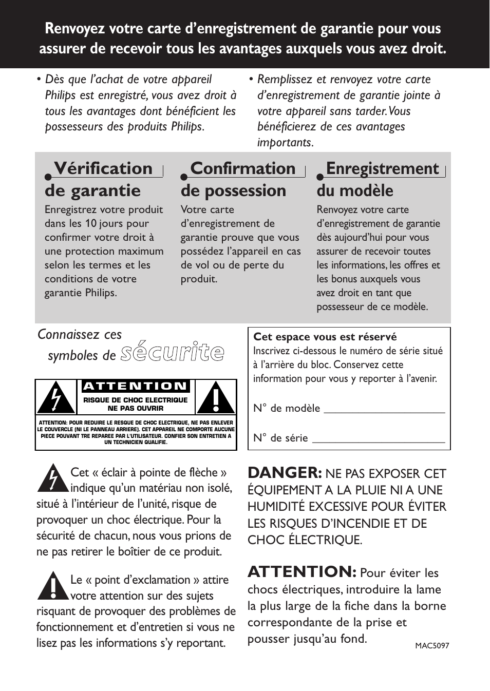 Ssé éc cu urriitte e, Vérification de garantie, Confirmation de possession | Enregistrement du modèle | Philips AZ9143 User Manual | Page 26 / 70