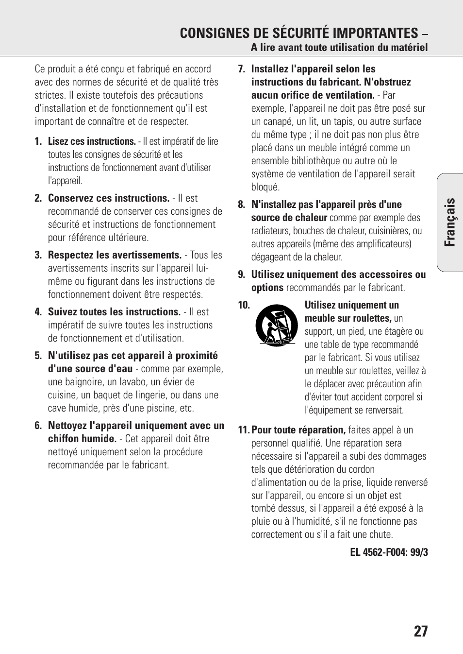 Français consignes de sécurité importantes | Philips AZ9143 User Manual | Page 27 / 70