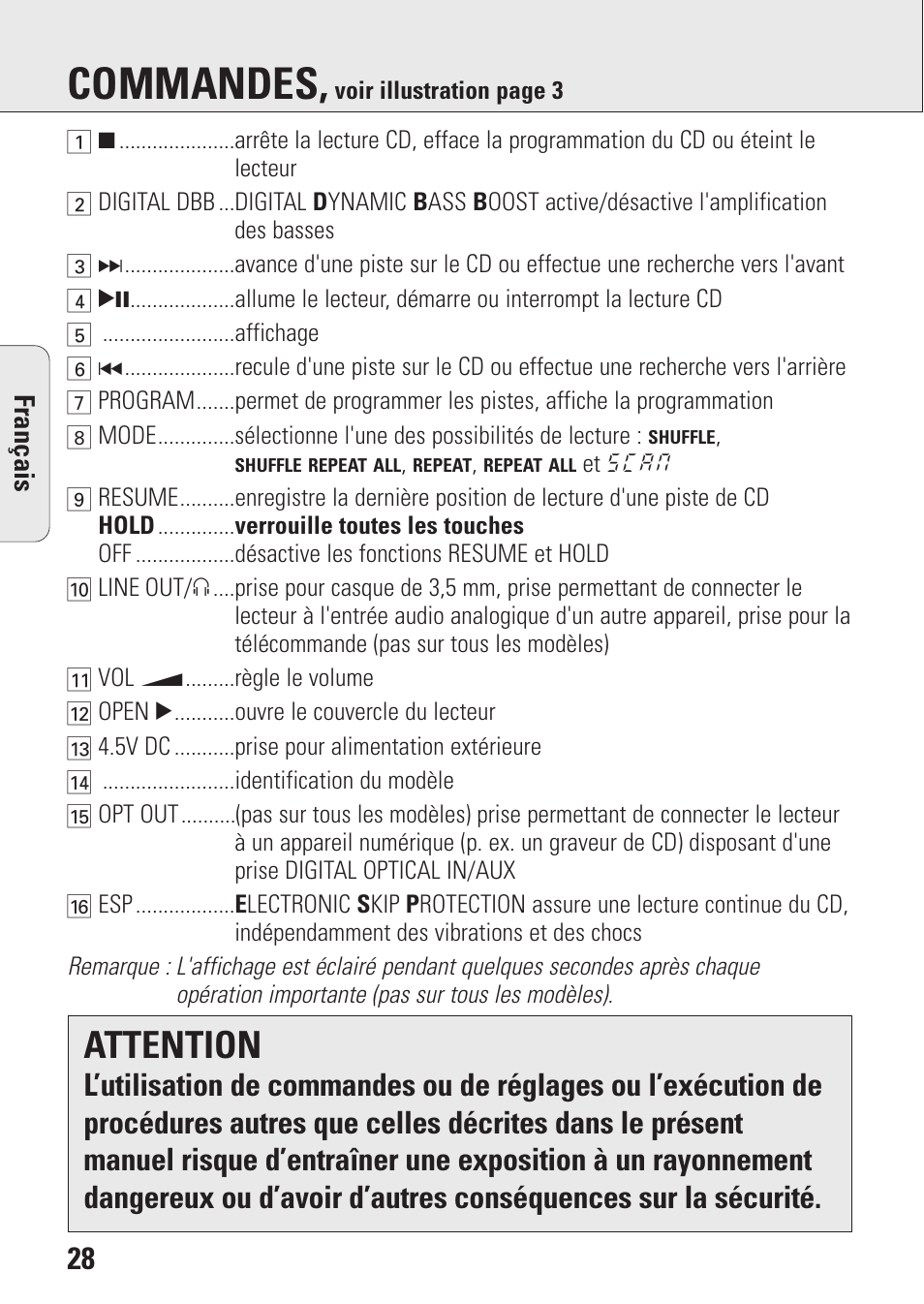 Commandes, Attention | Philips AZ9143 User Manual | Page 28 / 70