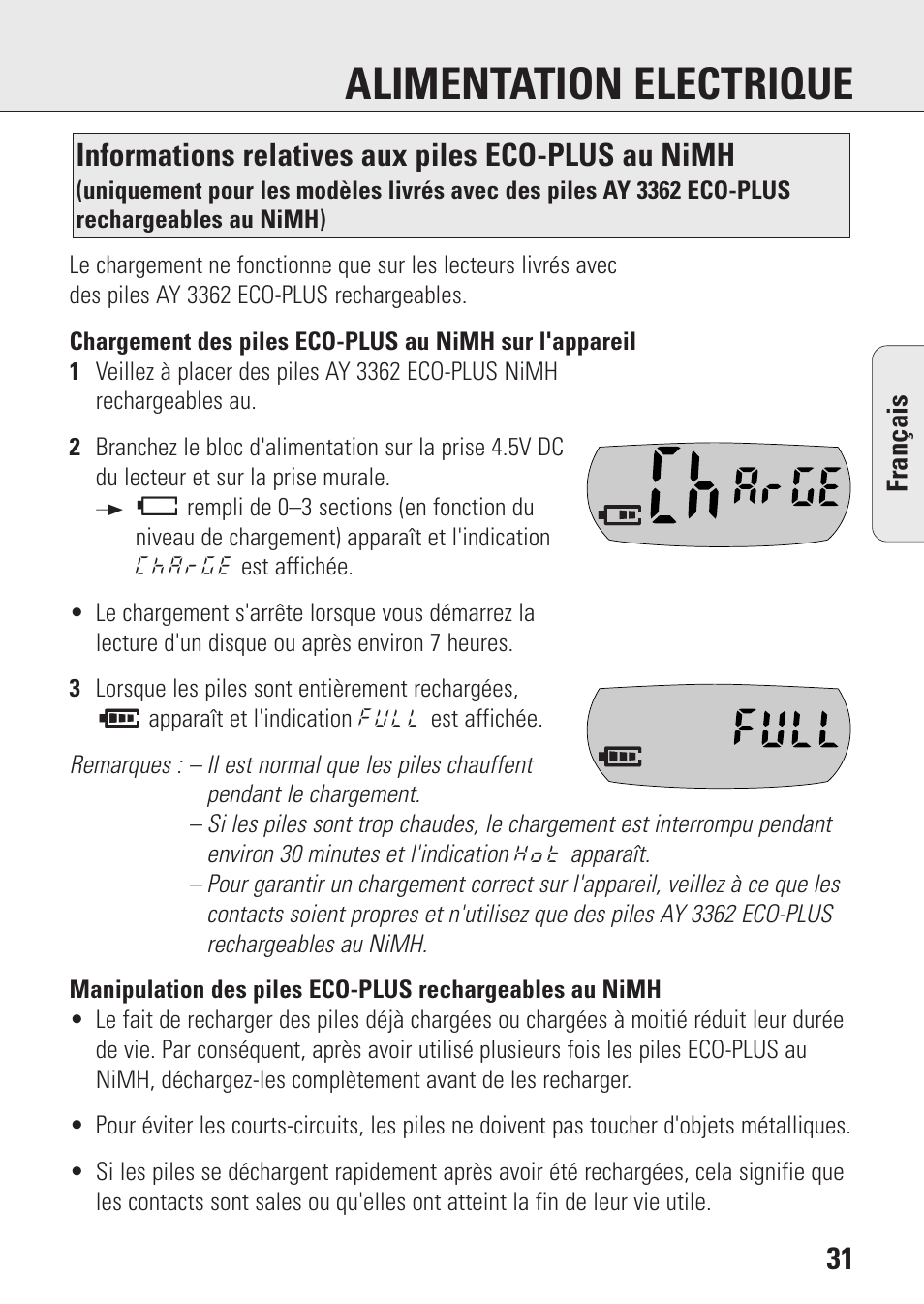 Alimentation electrique, Informations relatives aux piles eco-plus au nimh | Philips AZ9143 User Manual | Page 31 / 70