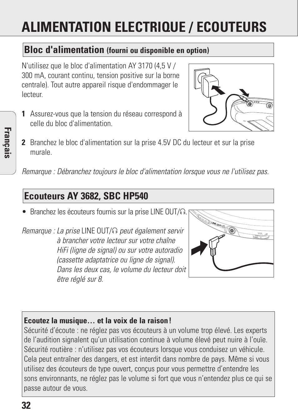 Alimentation electrique / ecouteurs, Bloc d'alimentation, Fran ç ais | Fourni ou disponible en option) | Philips AZ9143 User Manual | Page 32 / 70