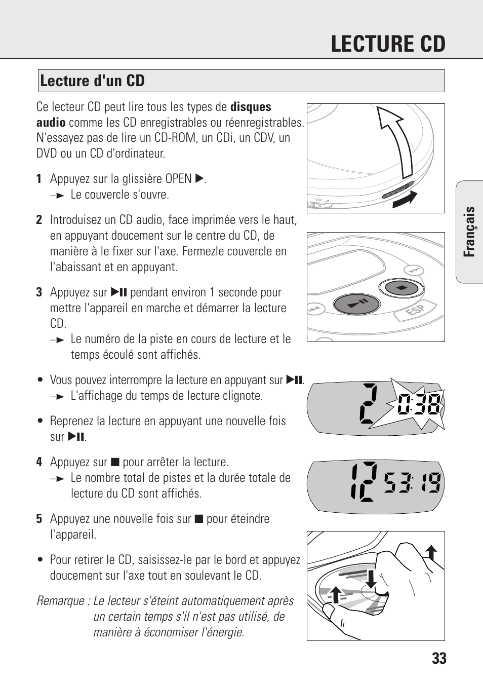 Lecture cd, Lecture d'un cd, Fran ç ais | Philips AZ9143 User Manual | Page 33 / 70