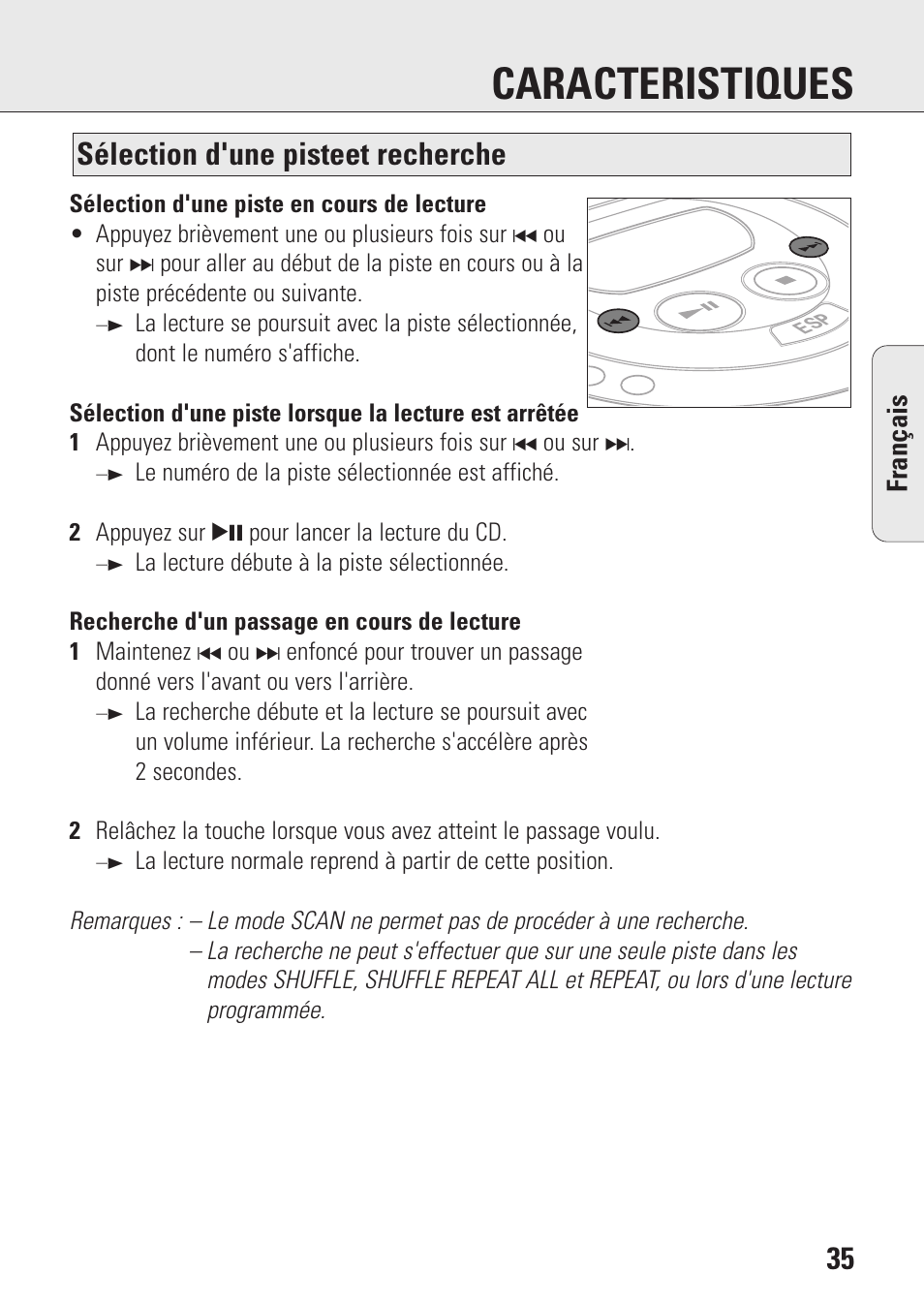 Caracteristiques, Sélection d'une pisteet recherche | Philips AZ9143 User Manual | Page 35 / 70