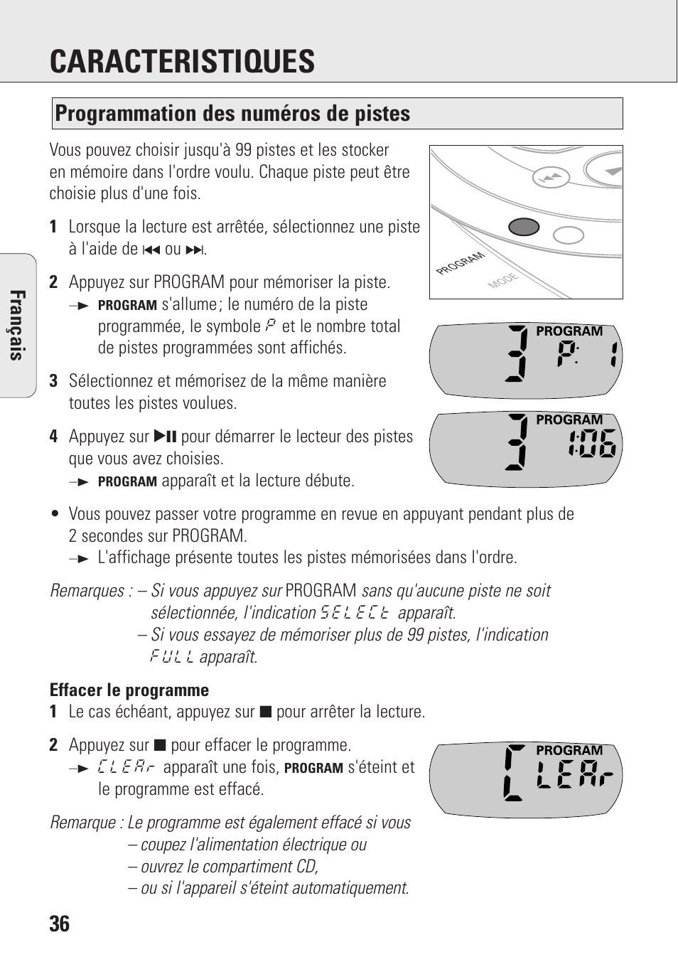 Caracteristiques, Programmation des numéros de pistes, Fran ç ais | Philips AZ9143 User Manual | Page 36 / 70