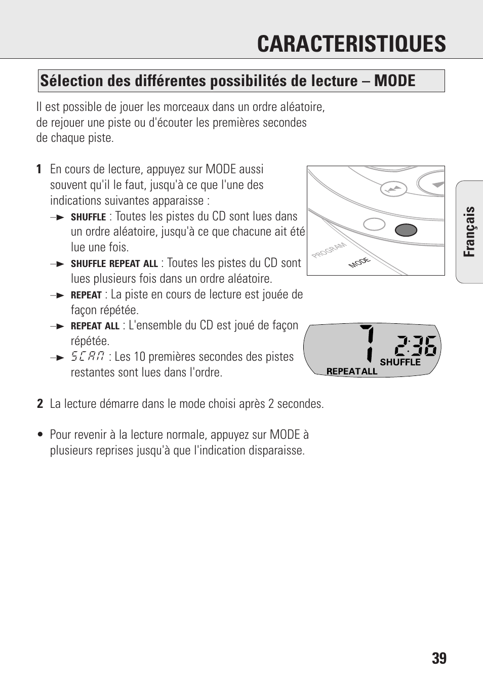 Caracteristiques, Fran ç ais | Philips AZ9143 User Manual | Page 39 / 70