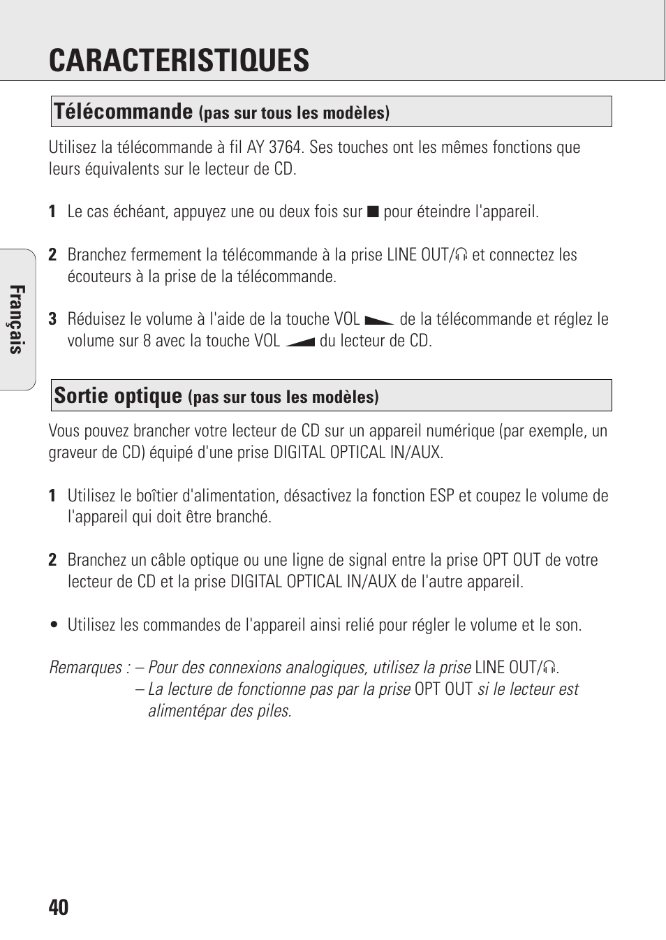 Caracteristiques, Sortie optique, Télécommande | Philips AZ9143 User Manual | Page 40 / 70