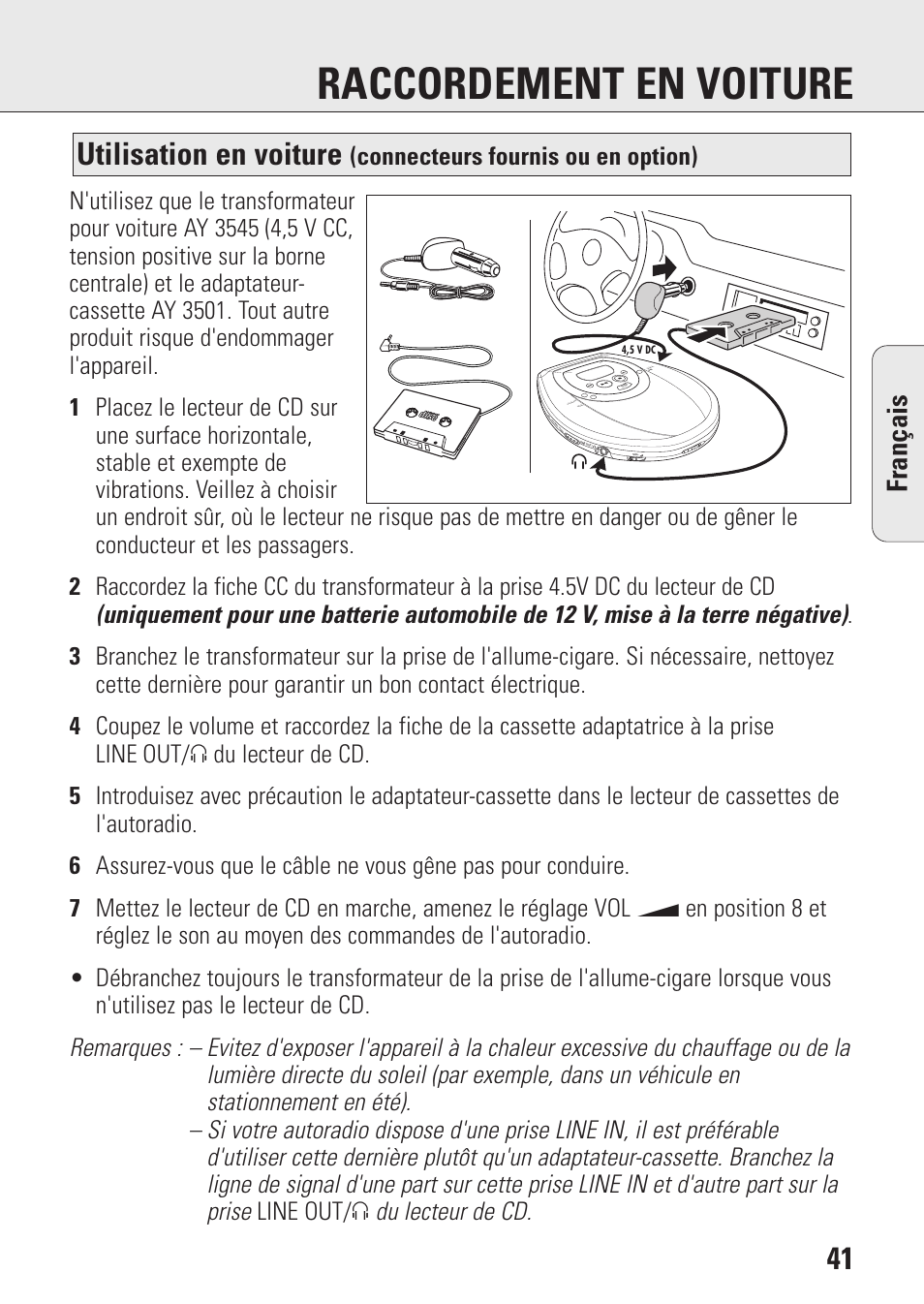 Raccordement en voiture, Utilisation en voiture, Fran ç ais | Connecteurs fournis ou en option) | Philips AZ9143 User Manual | Page 41 / 70