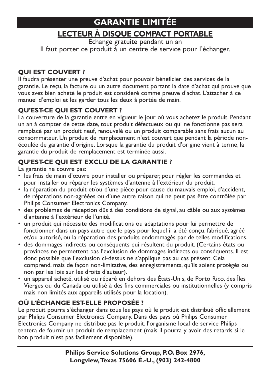 Lecteur à disque compact portable, Garantie limitée | Philips AZ9143 User Manual | Page 46 / 70