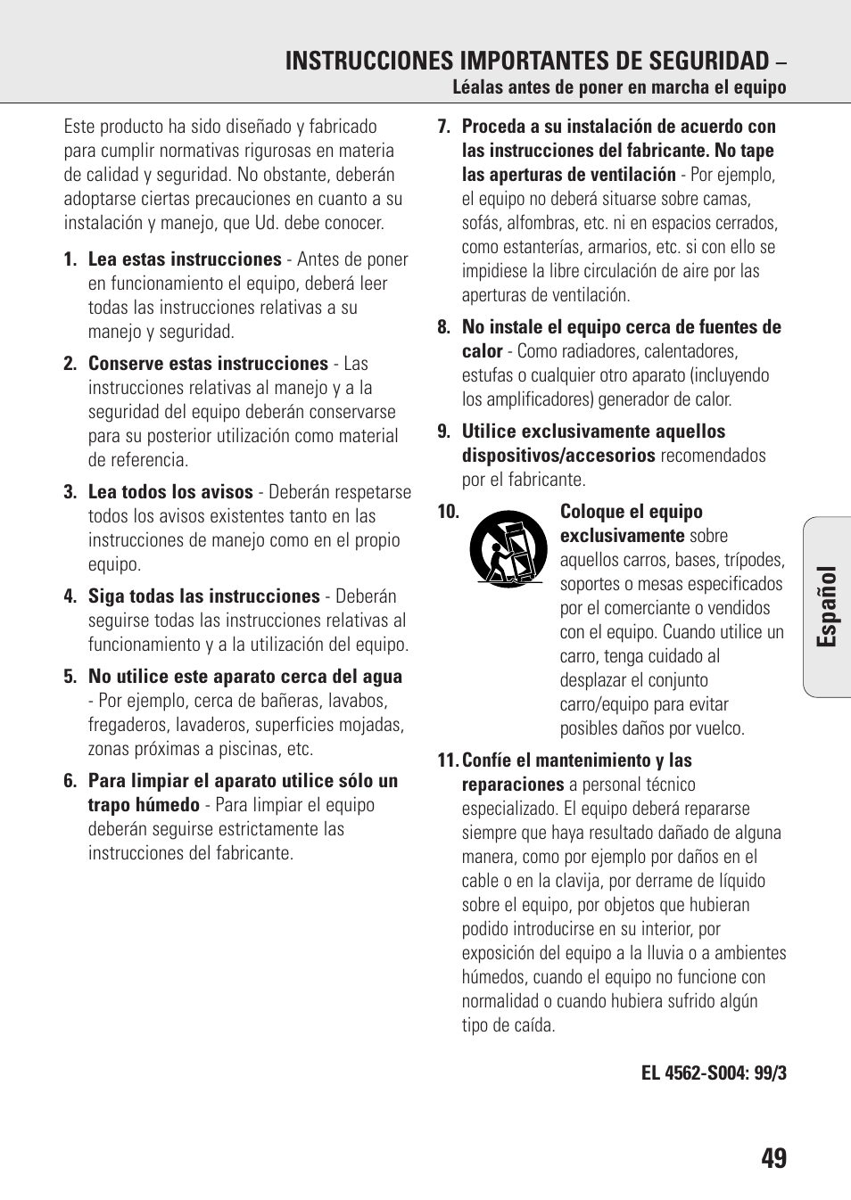 Español instrucciones importantes de seguridad | Philips AZ9143 User Manual | Page 49 / 70