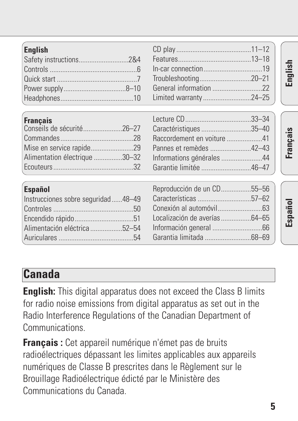 Canada | Philips AZ9143 User Manual | Page 5 / 70