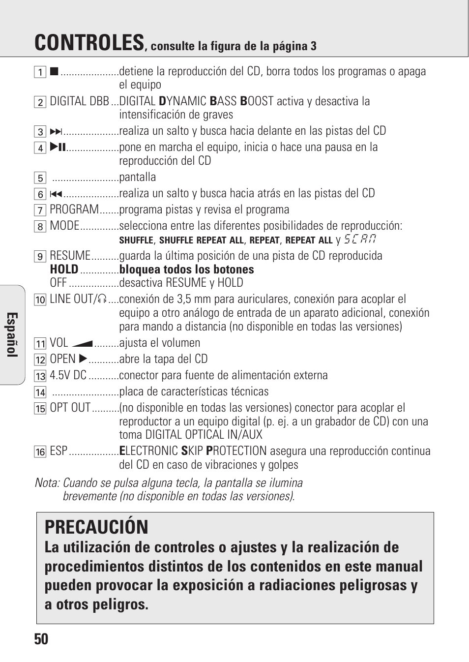 Controles, Precaución | Philips AZ9143 User Manual | Page 50 / 70