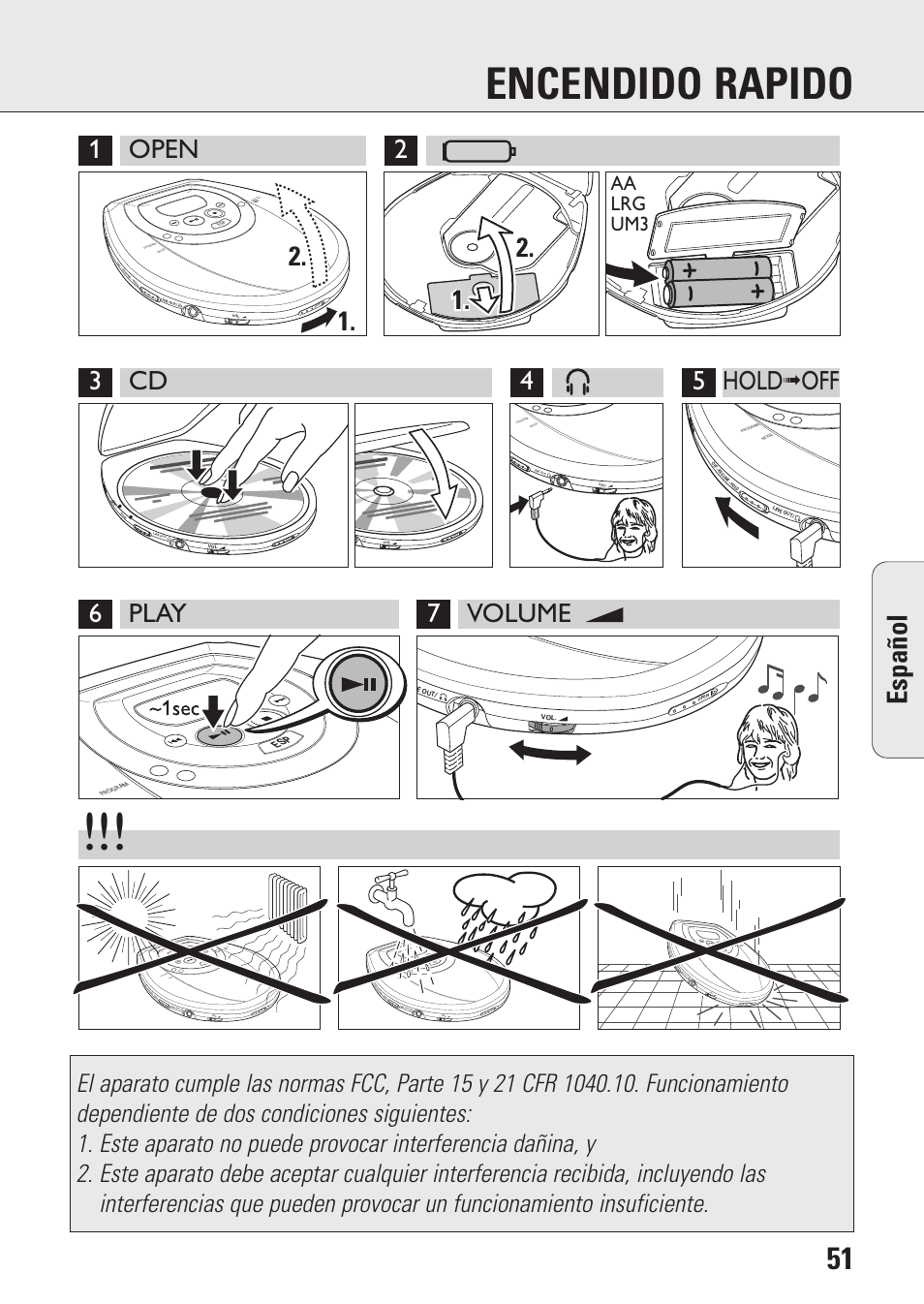 Encendido rapido, Español, Aa lrg um3 | Philips AZ9143 User Manual | Page 51 / 70