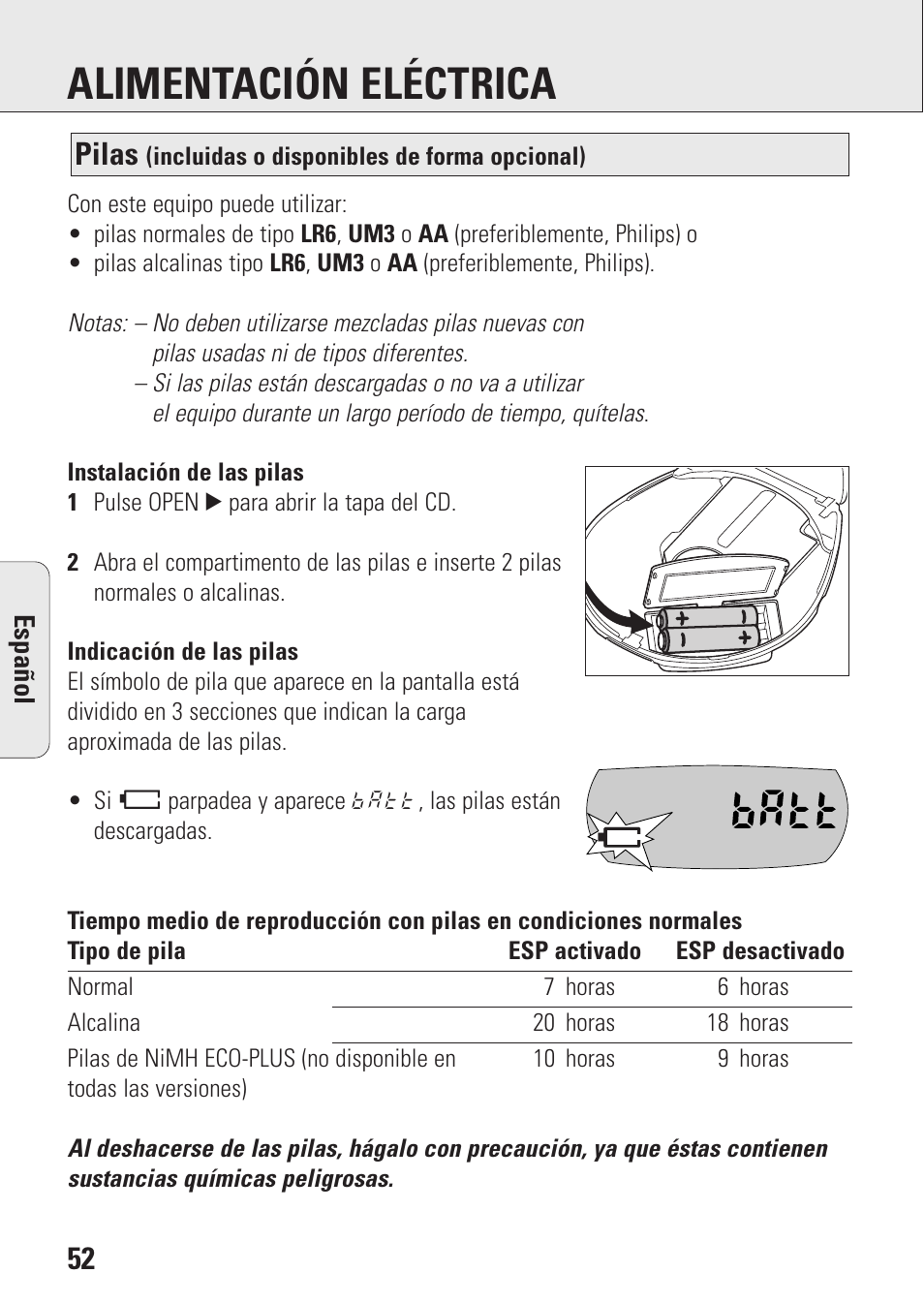 Alimentación eléctrica, Pilas | Philips AZ9143 User Manual | Page 52 / 70