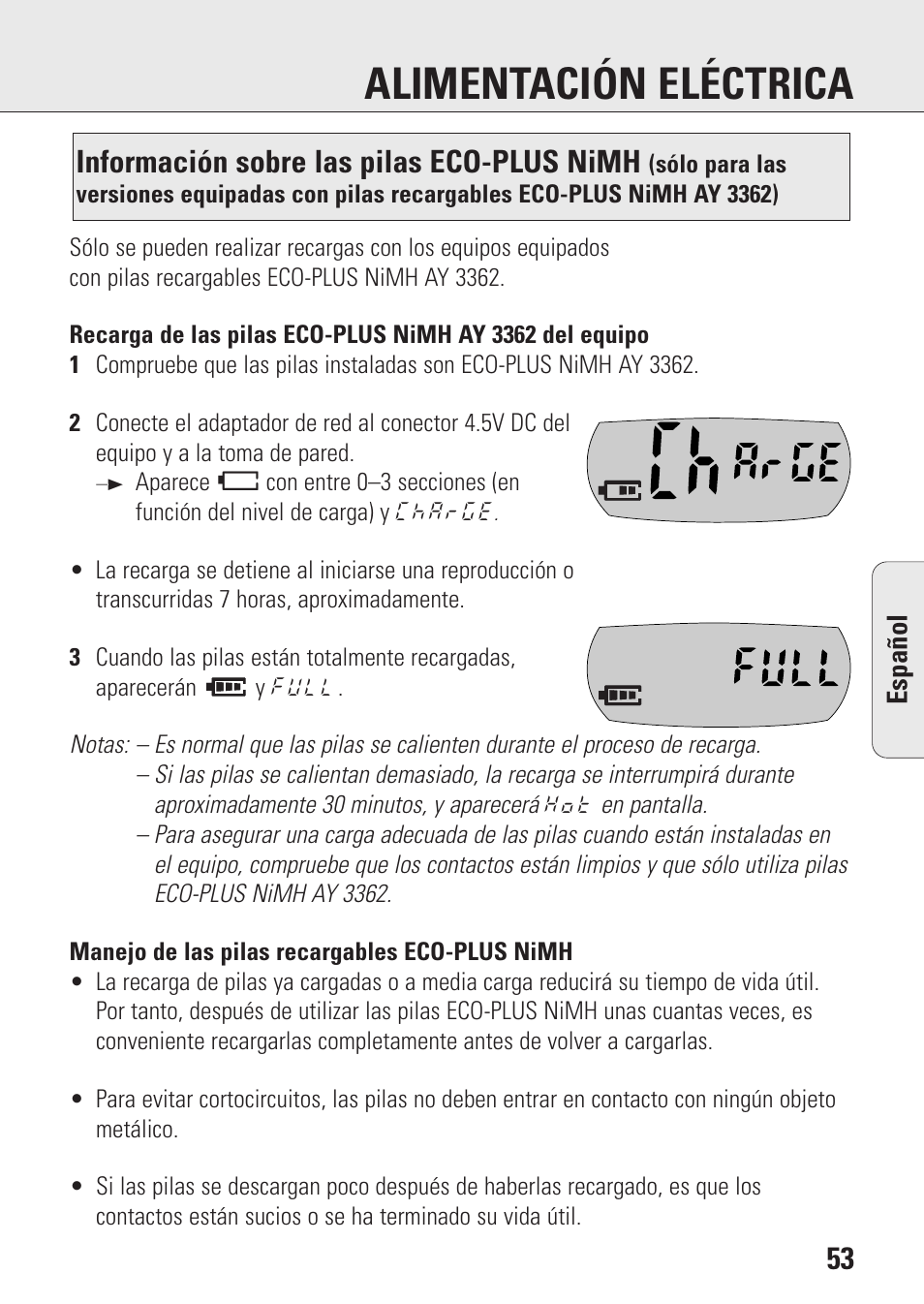 Alimentación eléctrica, Información sobre las pilas eco-plus nimh | Philips AZ9143 User Manual | Page 53 / 70